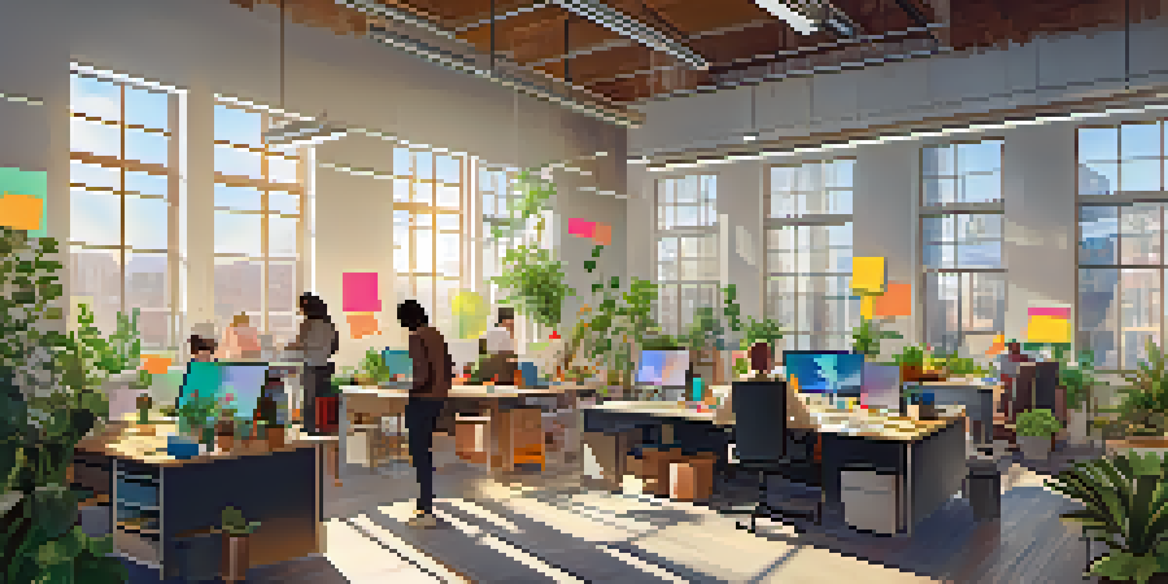 A diverse team working together in a bright office space, with laptops and colorful sticky notes.