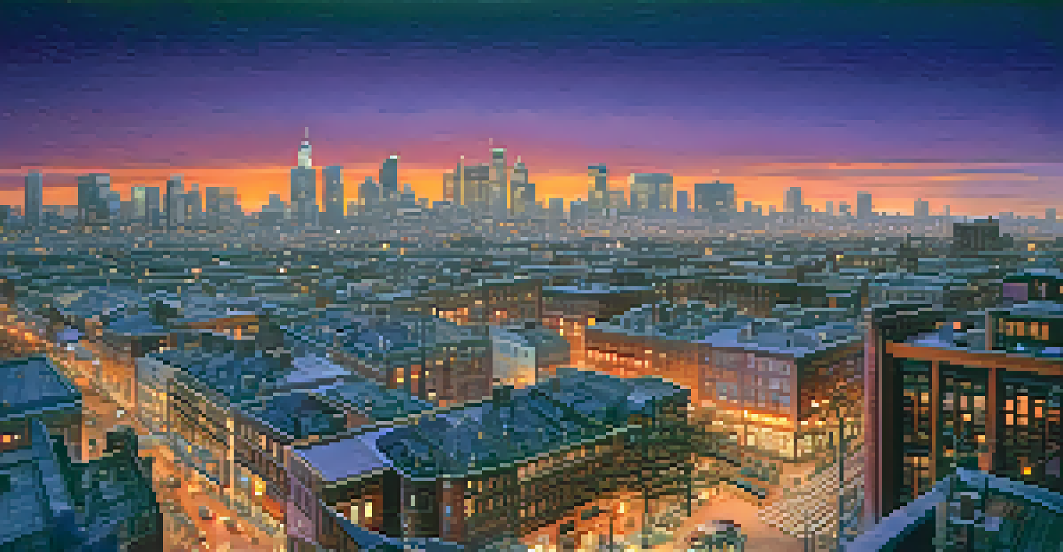 Aerial view of a cityscape at dusk, showcasing twinkling lights and a colorful sunset sky.