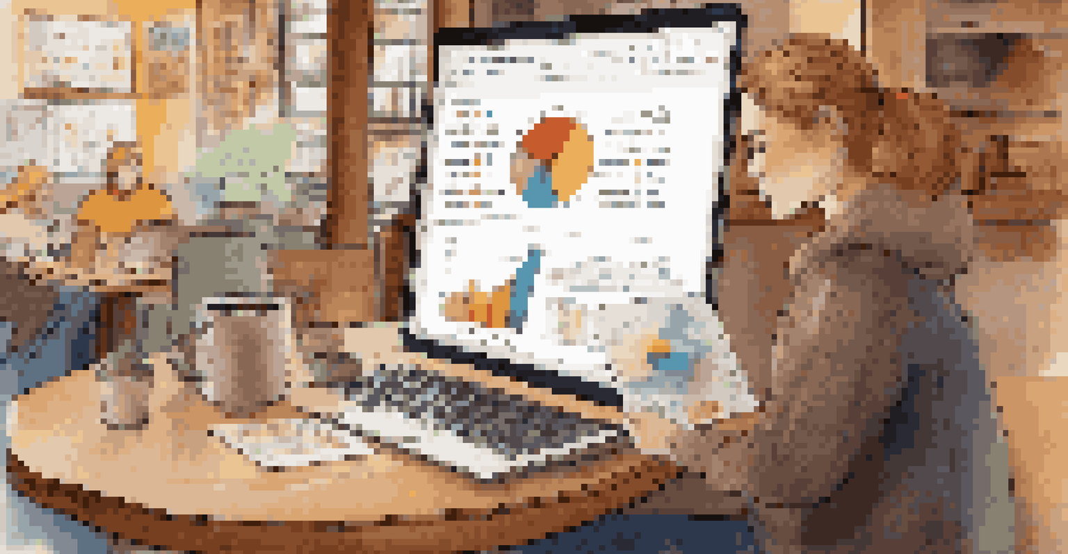 A person analyzing data on a laptop in a coffee shop, surrounded by warm lighting and coffee-related decor.