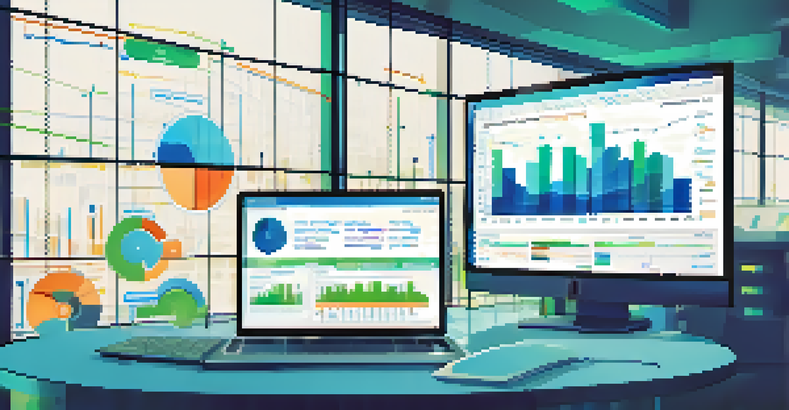 A computer screen showing a colorful KPI dashboard with graphs and metrics in a blurred office background.