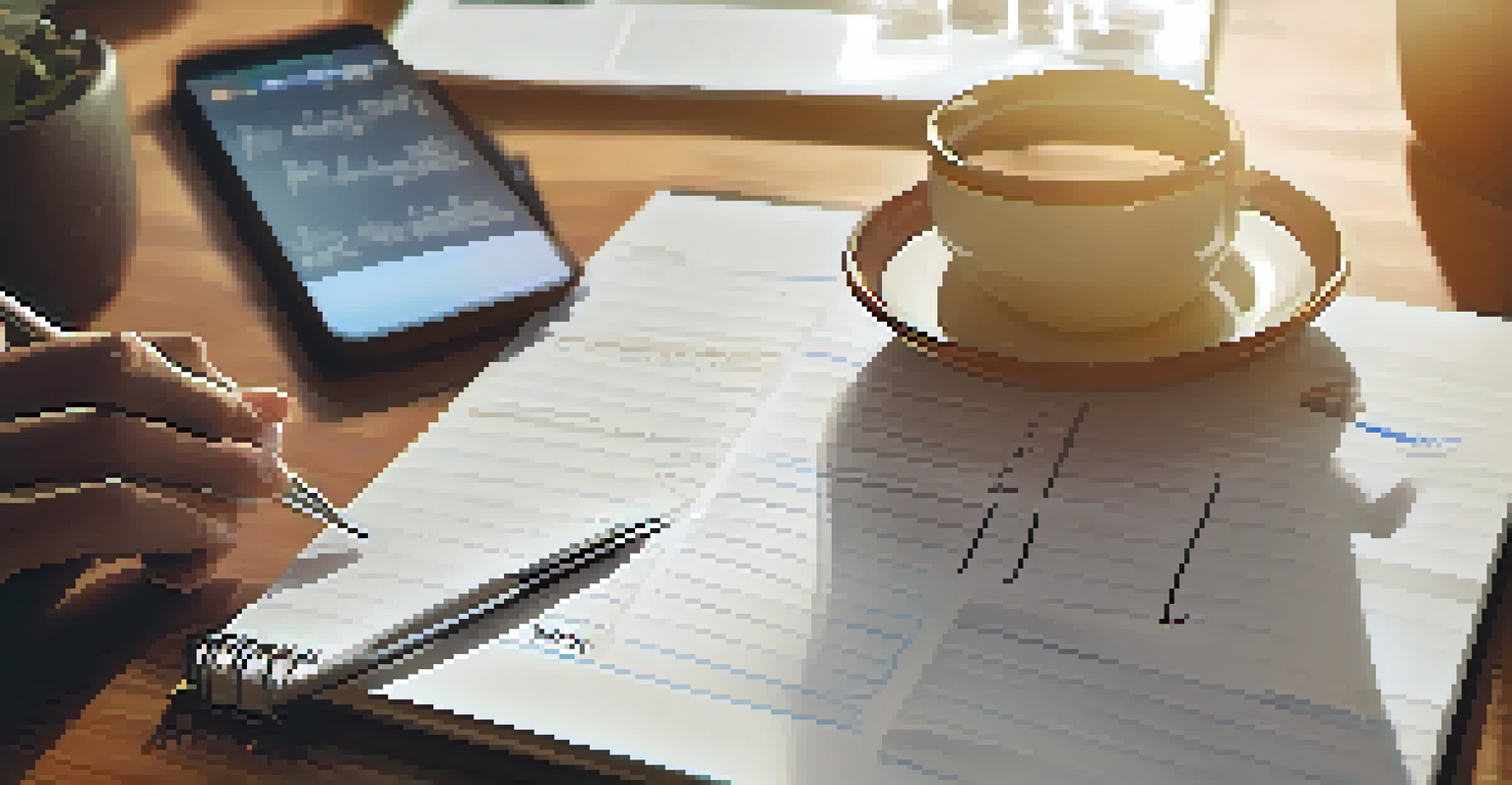 A person writing sales goals on a notepad with a laptop and coffee mug in the background.