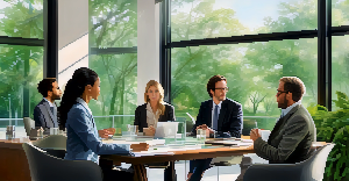 A diverse group of professionals having a discussion in a modern office with a glass wall and a view of a green park.
