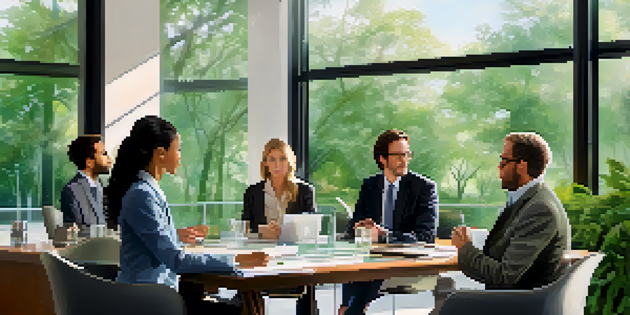 A diverse group of professionals having a discussion in a modern office with a glass wall and a view of a green park.