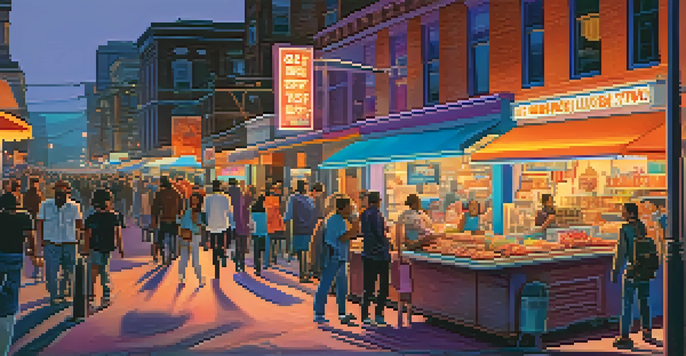 A lively city street at dusk filled with pedestrians and a food truck, under a colorful sunset sky.