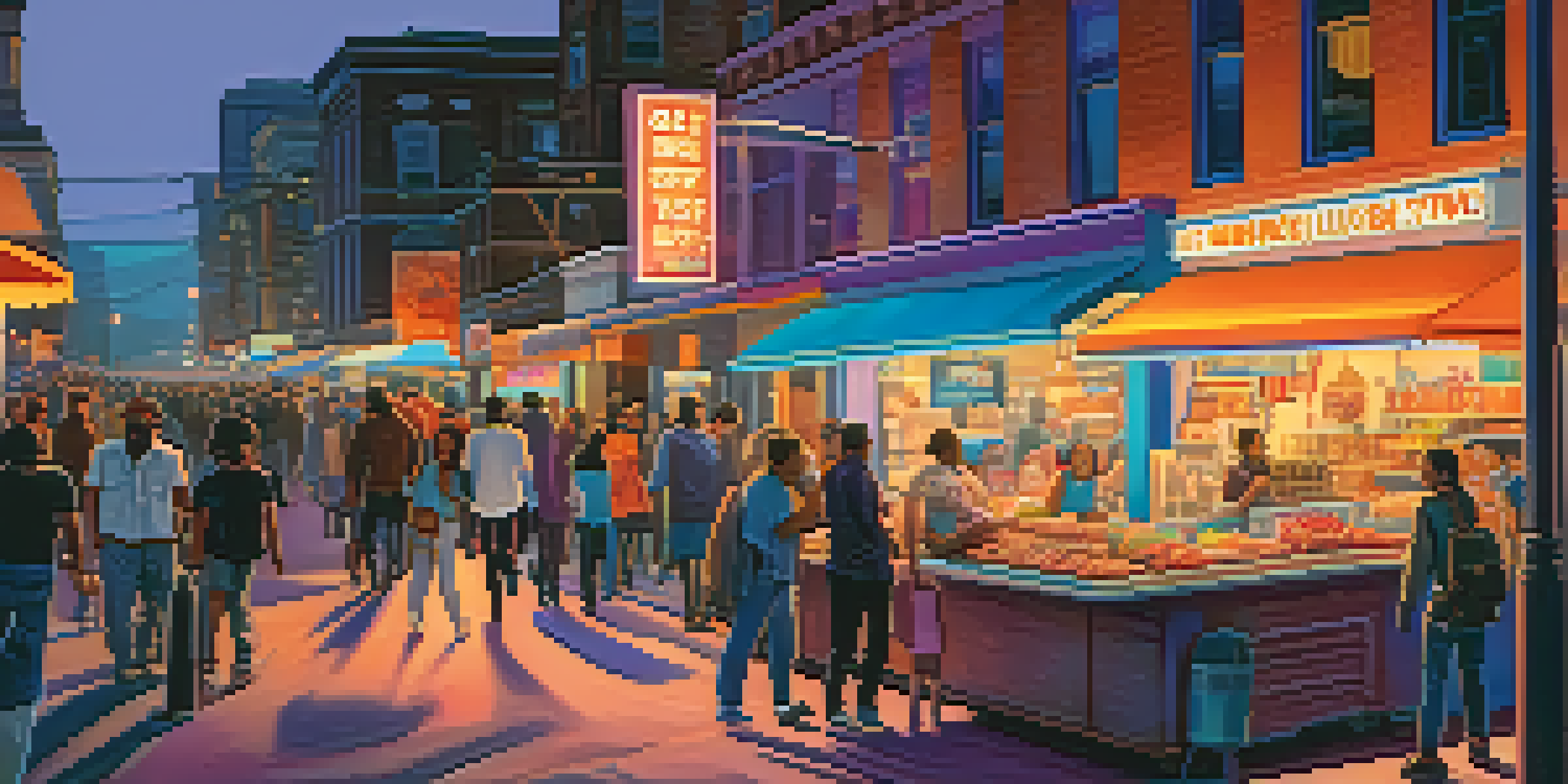 A lively city street at dusk filled with pedestrians and a food truck, under a colorful sunset sky.