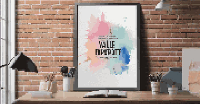 A close-up of a visually appealing poster showcasing a unique value proposition in a creative workspace.