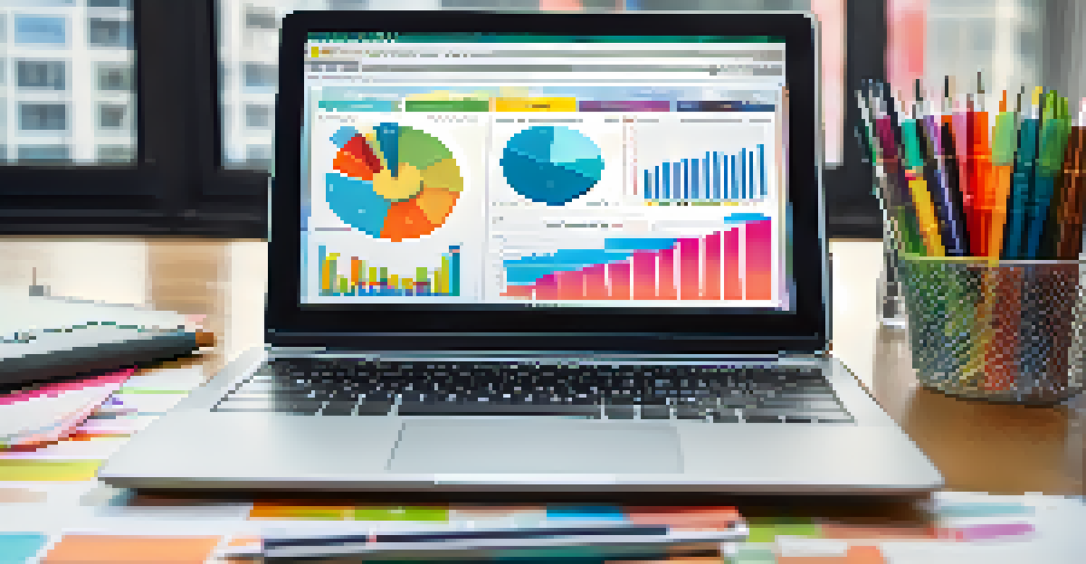 Close-up of a computer screen displaying a digital marketing dashboard with colorful metrics, surrounded by stationery in a modern office.