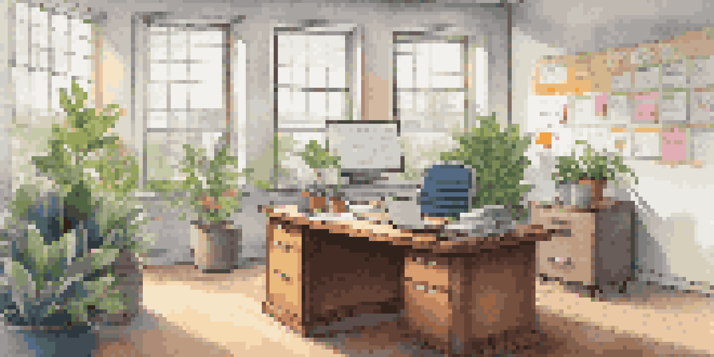 An organized office workspace with a desk, laptop, and a visible risk assessment checklist, illuminated by natural light from a window.