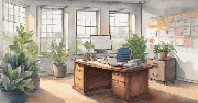 An organized office workspace with a desk, laptop, and a visible risk assessment checklist, illuminated by natural light from a window.