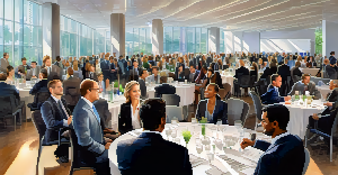 A networking event with diverse businesspeople conversing in a modern conference hall, exchanging business cards and smiling.