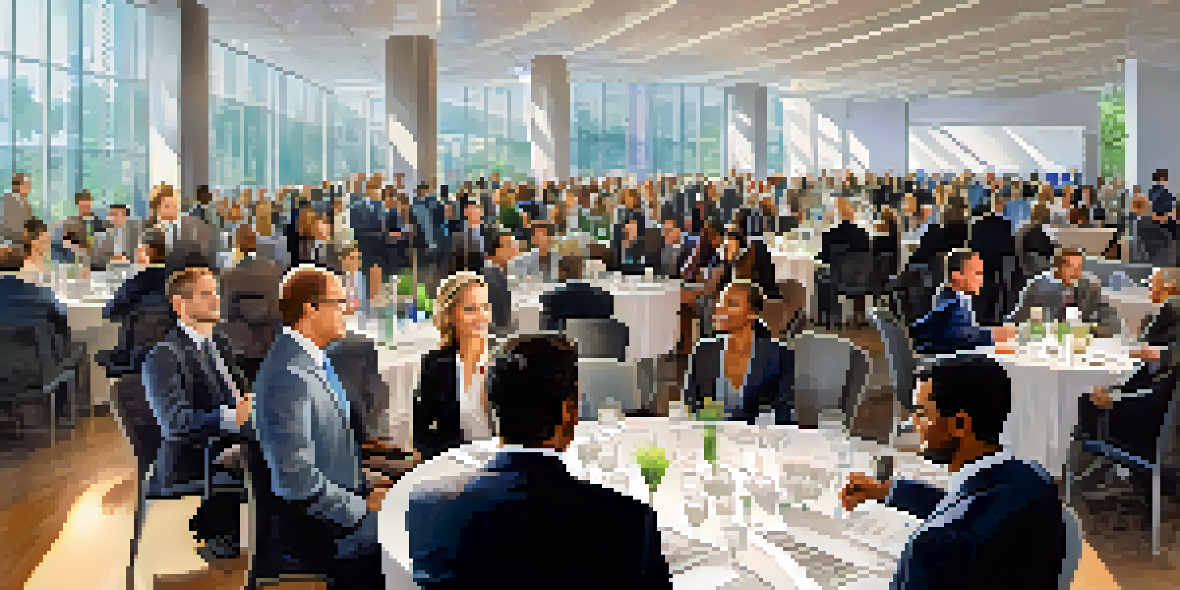 A networking event with diverse businesspeople conversing in a modern conference hall, exchanging business cards and smiling.
