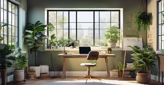 A bright and modern workspace with a laptop on a stylish desk, surrounded by plants and inspirational quotes, illuminated by morning sunlight.