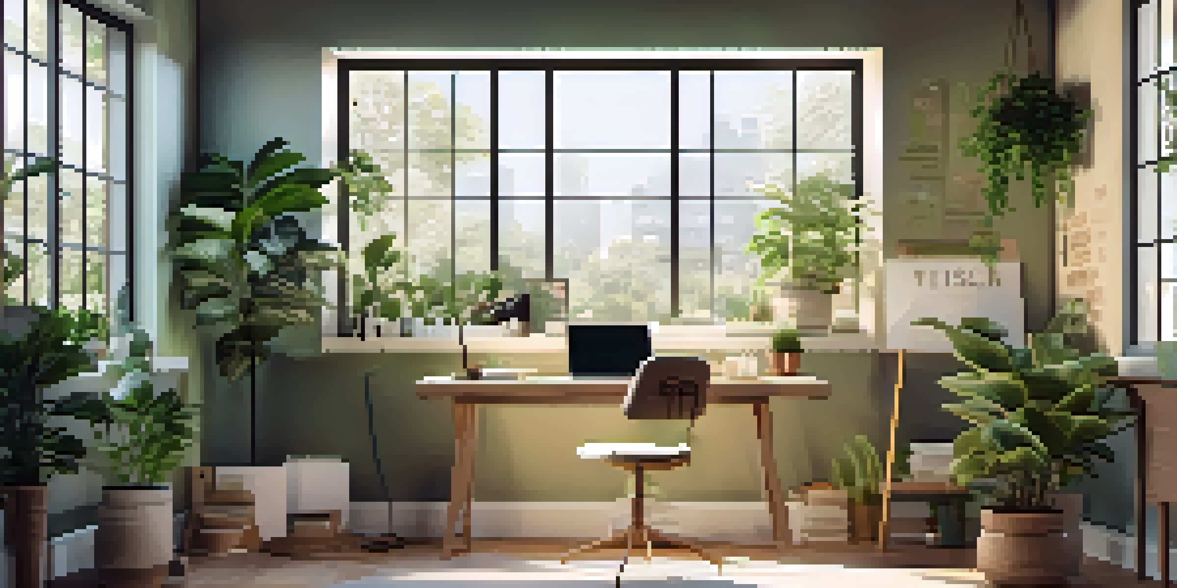 A bright and modern workspace with a laptop on a stylish desk, surrounded by plants and inspirational quotes, illuminated by morning sunlight.