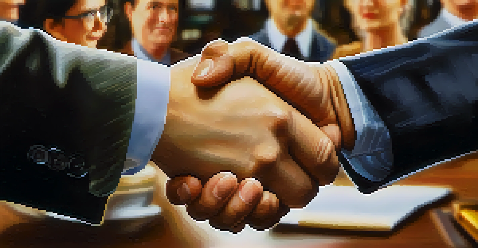 A close-up of two diverse hands shaking in agreement, symbolizing a successful negotiation in a blurred office environment.