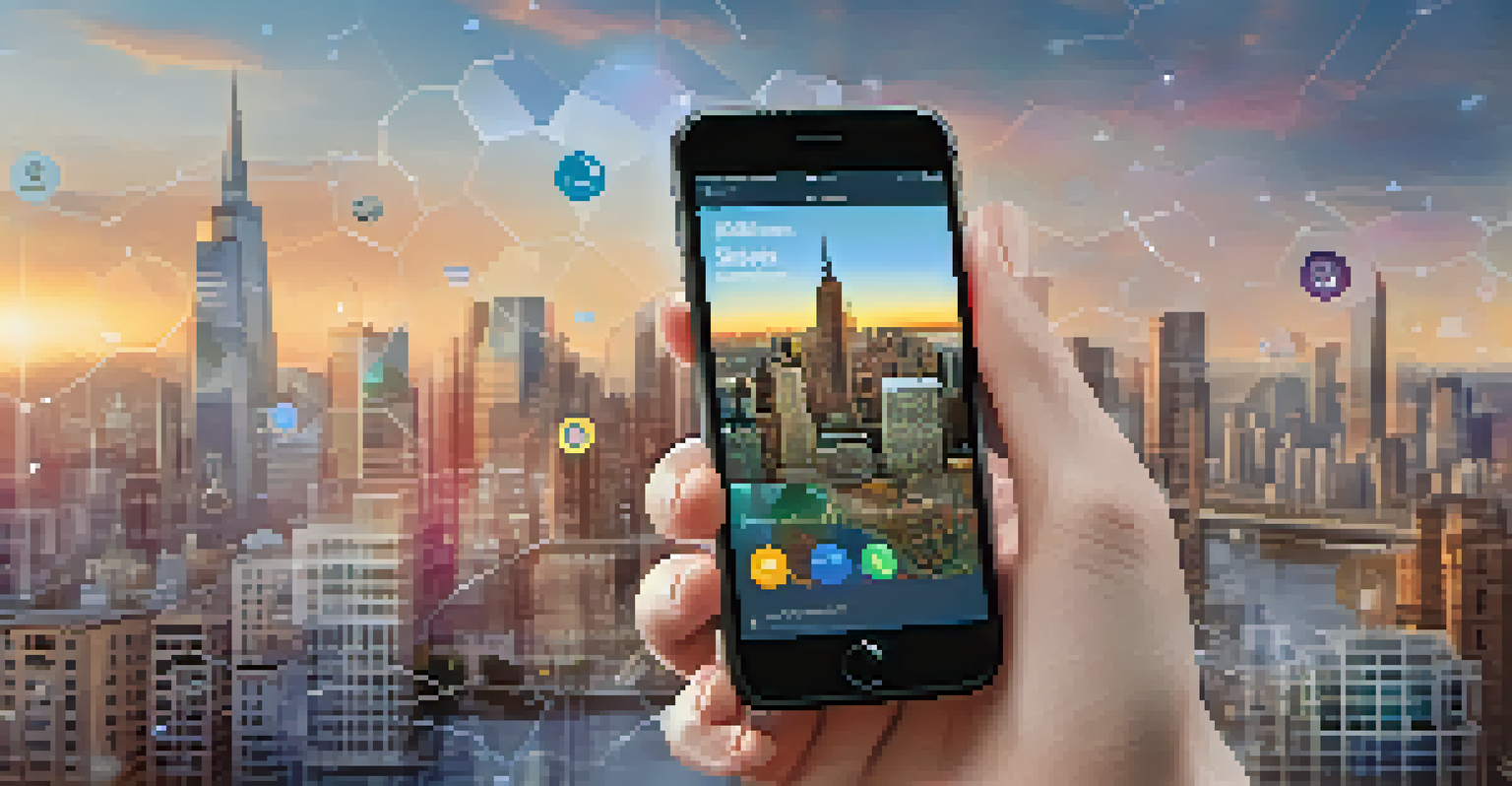 A hand holding a smartphone showing a business app interface against a blurred city skyline.