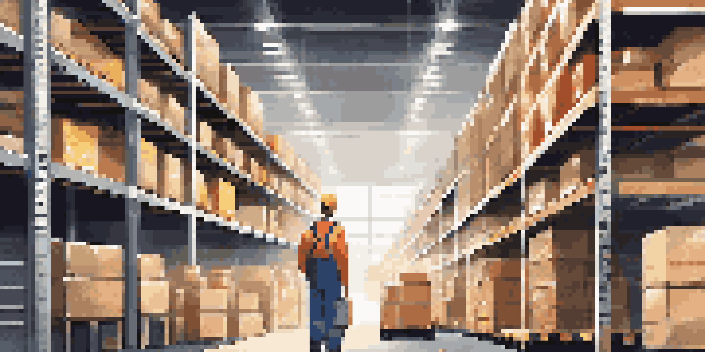 An interior view of a modern warehouse with organized shelves and a worker checking inventory on a tablet.