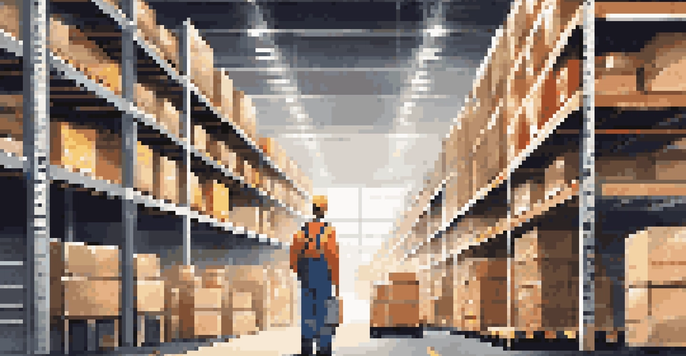 An interior view of a modern warehouse with organized shelves and a worker checking inventory on a tablet.