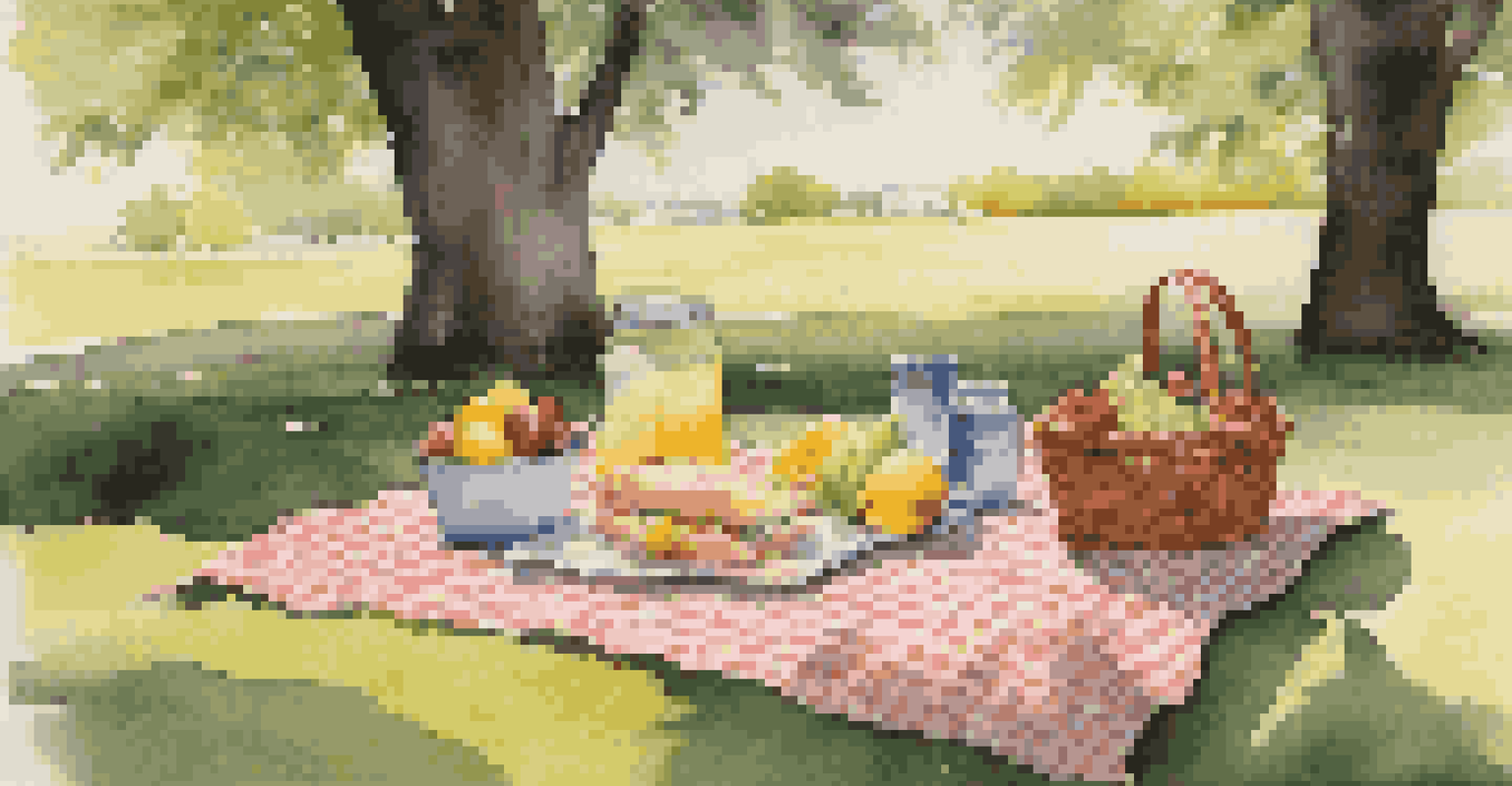 A sunny outdoor picnic scene with a checkered blanket, a basket of fruits and sandwiches, and a jar of lemonade, surrounded by green grass and trees.