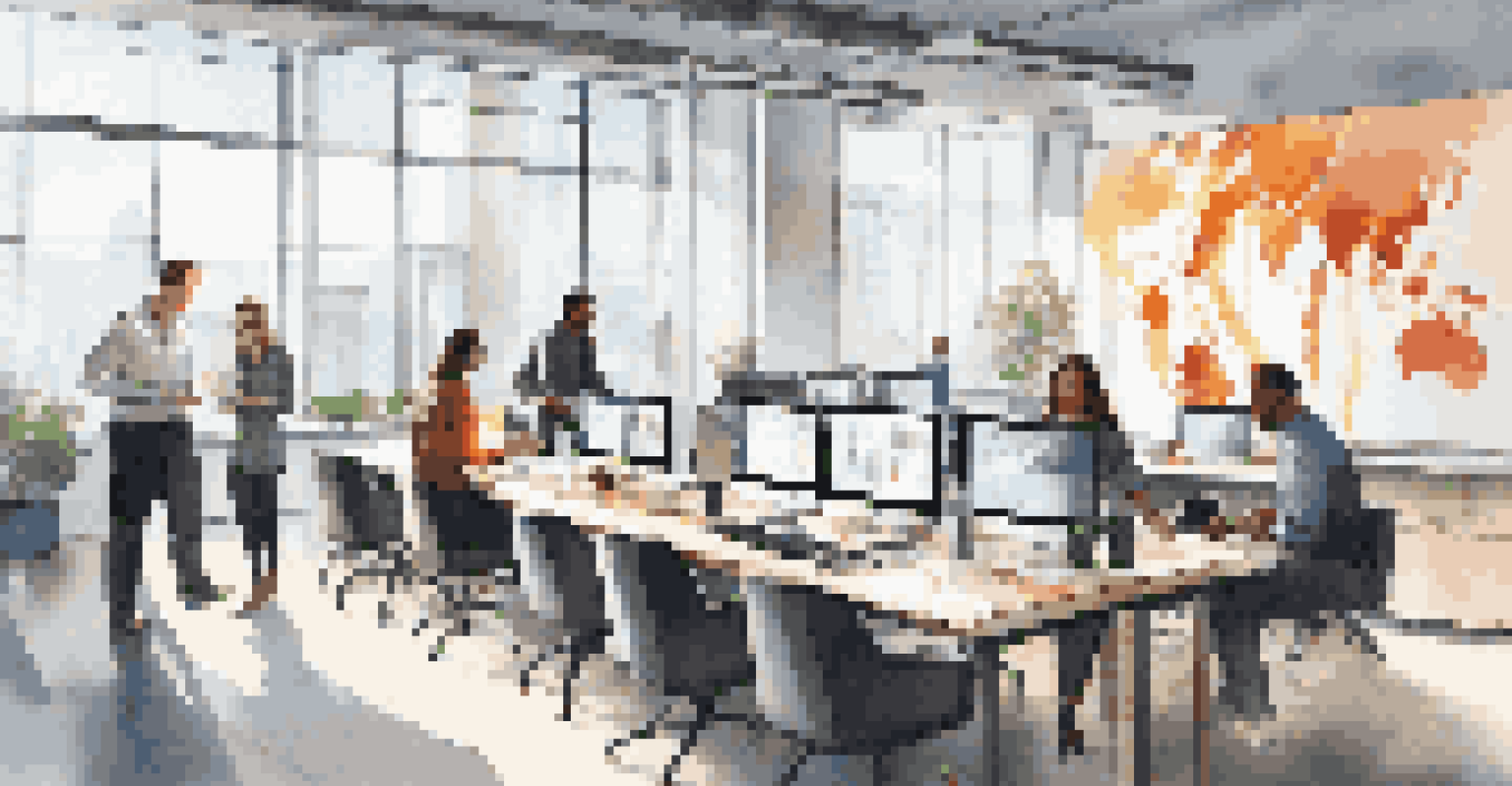 A diverse team of employees collaborating in a modern office with real-time data visualizations on a screen.