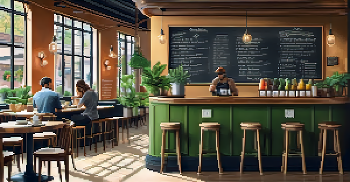 A bright and inviting coffee shop with wooden furniture, green plants, and customers enjoying drinks, with a barista making coffee behind the counter.