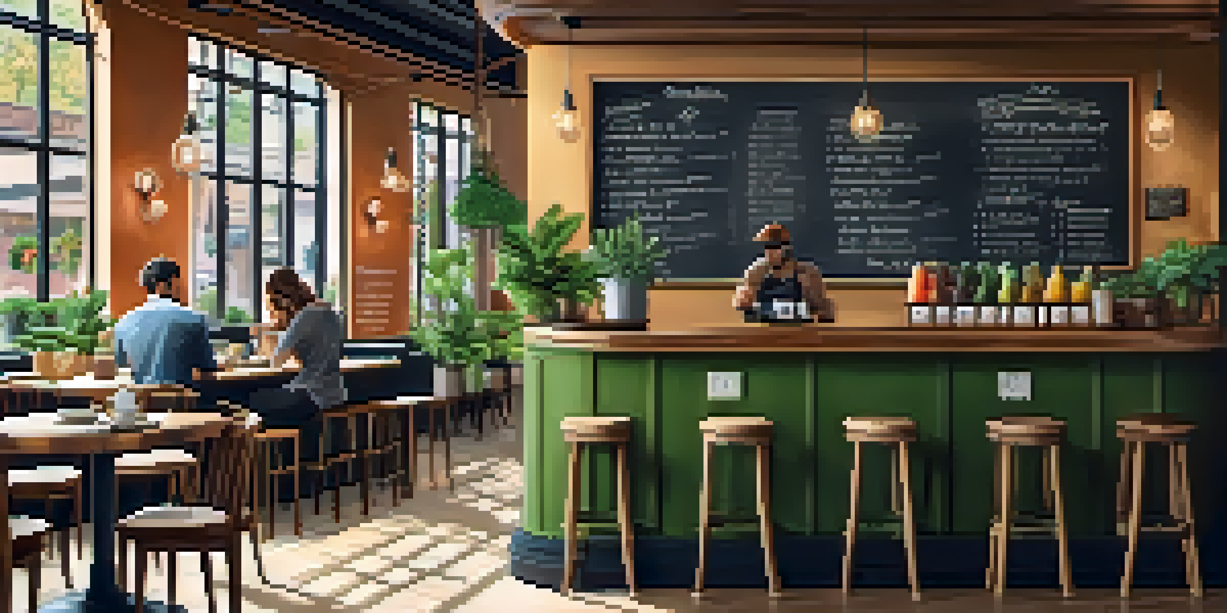 A bright and inviting coffee shop with wooden furniture, green plants, and customers enjoying drinks, with a barista making coffee behind the counter.