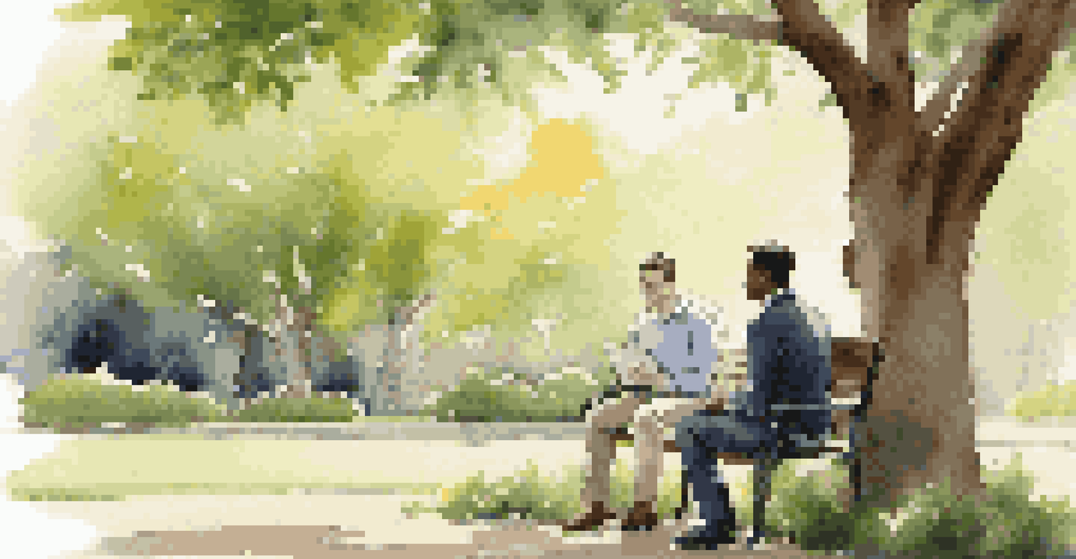 A mentor discussing business ideas with a young entrepreneur in an outdoor setting, surrounded by trees and sunlight.
