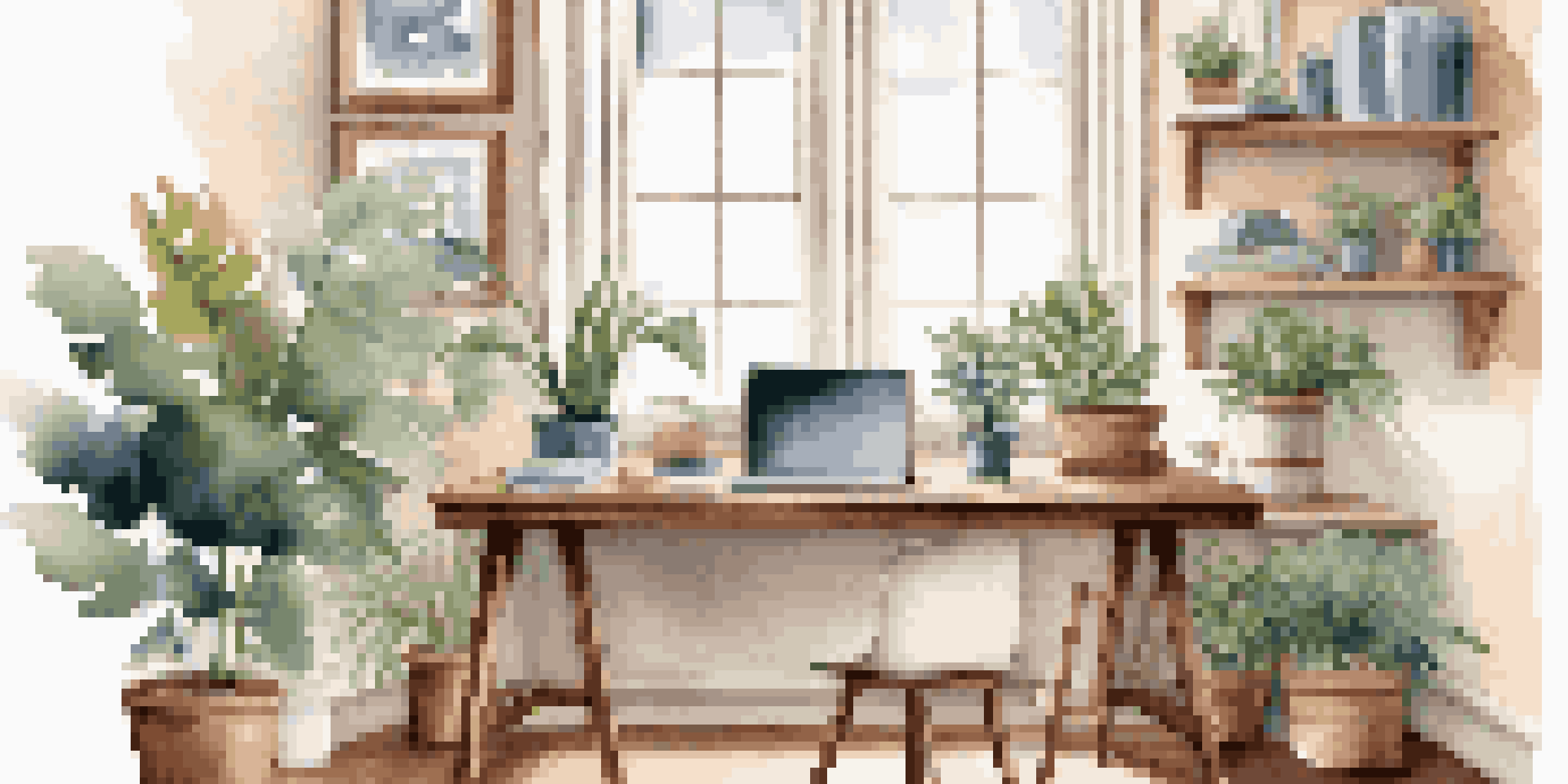 A cozy home office with a wooden desk, laptop, houseplants, and a coffee mug, illuminated by soft natural light from a large window.