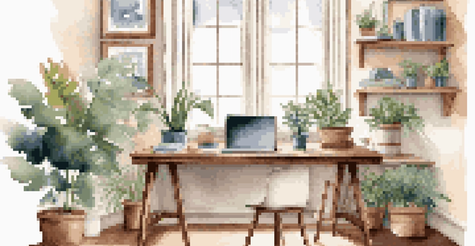 A cozy home office with a wooden desk, laptop, houseplants, and a coffee mug, illuminated by soft natural light from a large window.