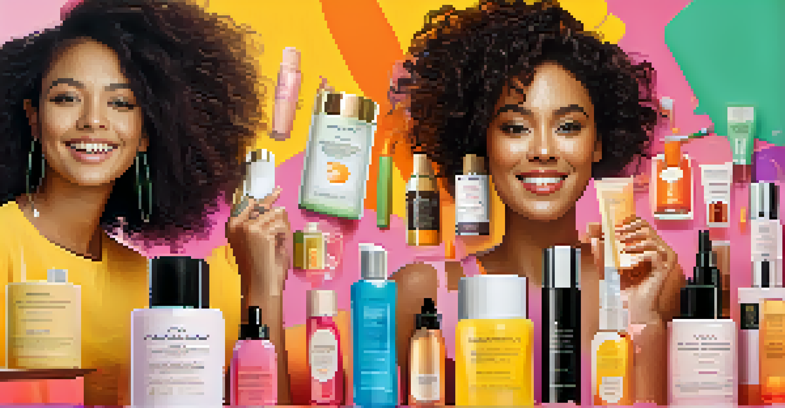 A collage of diverse individuals using beauty products, with highlighted glowing reviews, set against a colorful background.