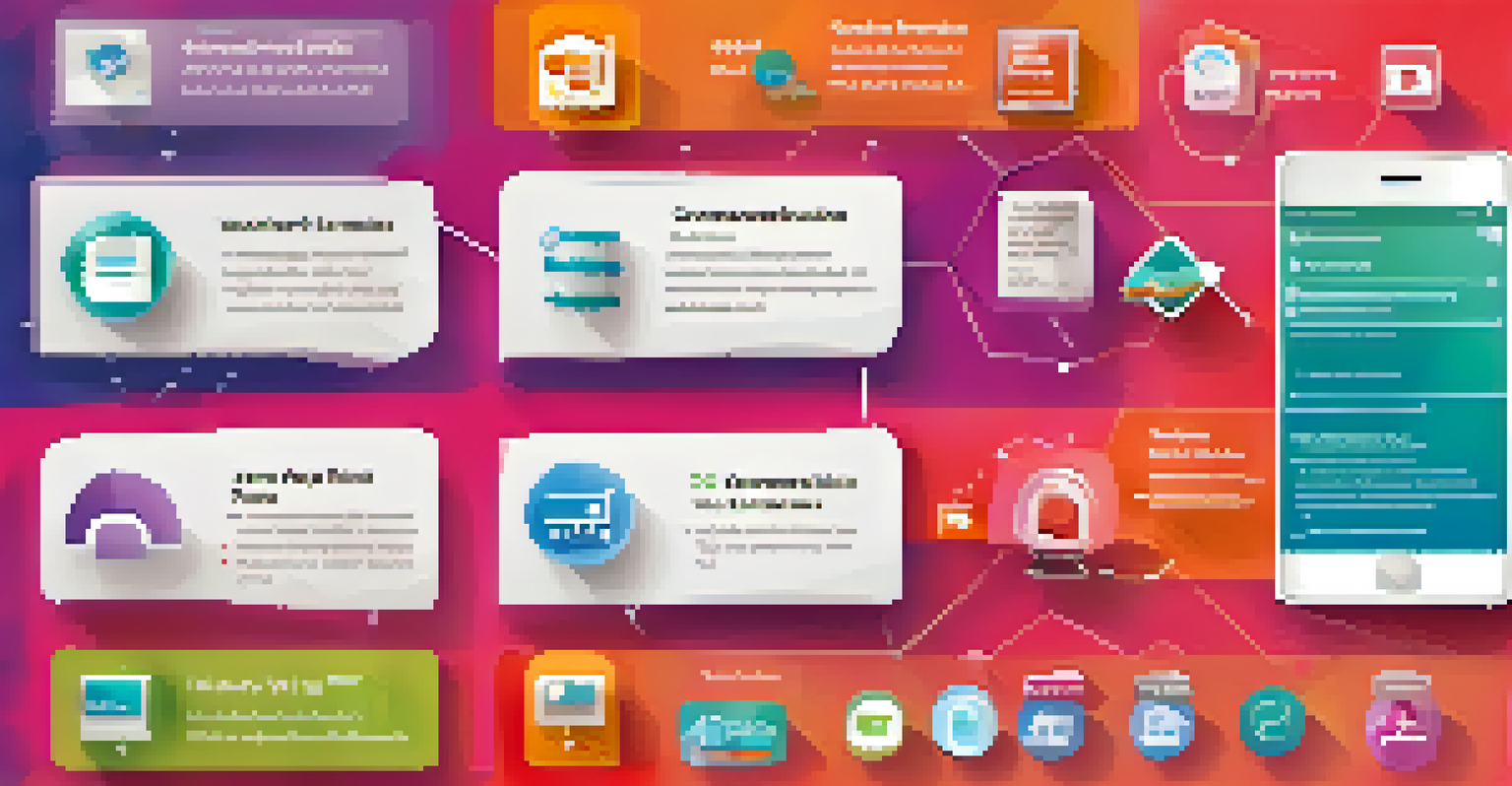 An infographic illustrating the main features of a mobile commerce app, with icons and descriptions for user engagement.