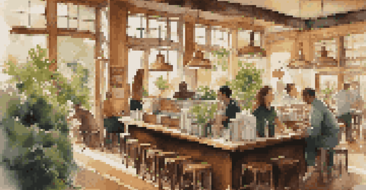 A busy café scene with baristas making coffee and customers at tables, illuminated by warm sunlight.