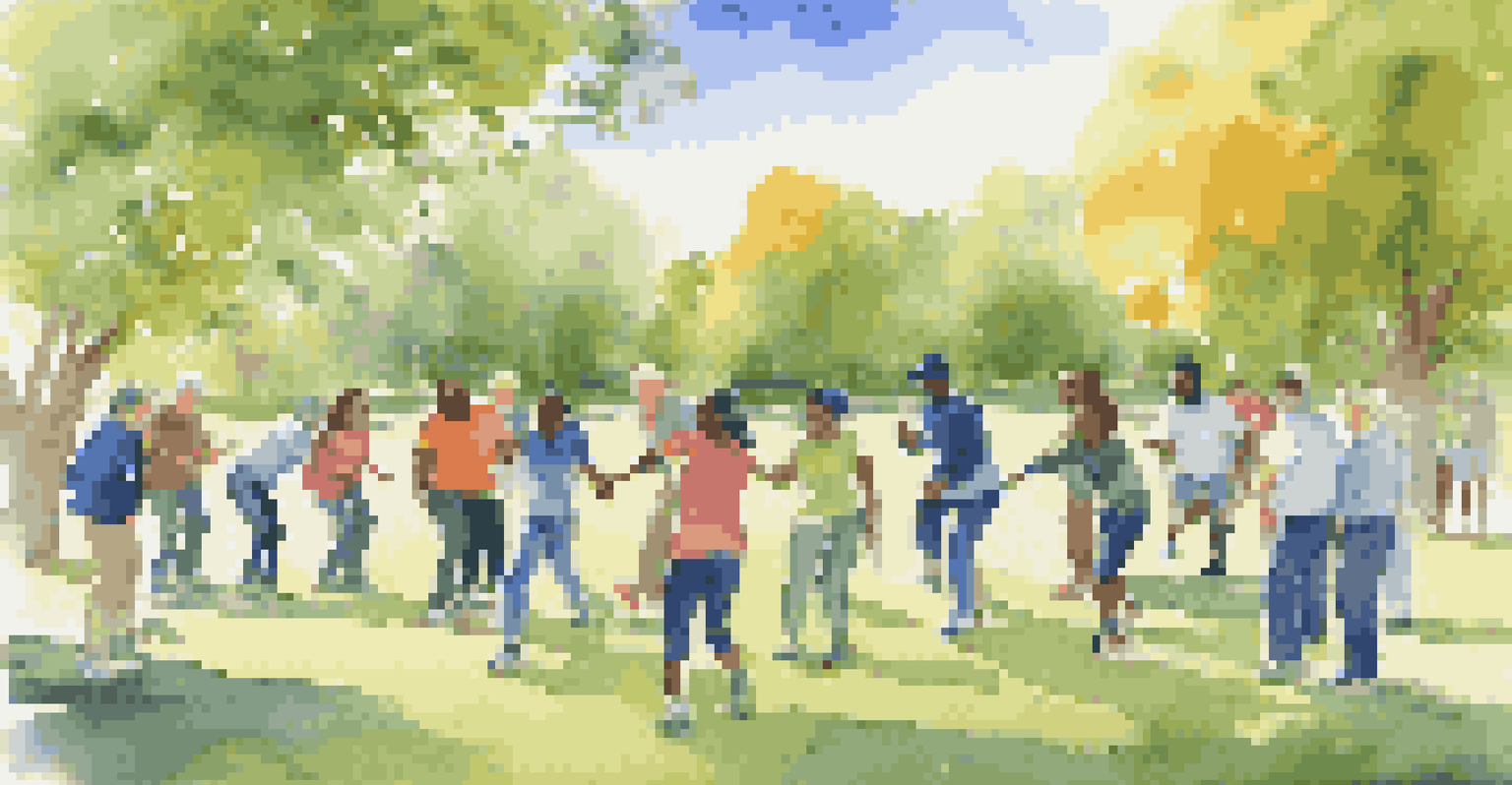 Diverse group participating in a trust fall exercise in a park, enjoying teamwork and inclusion.