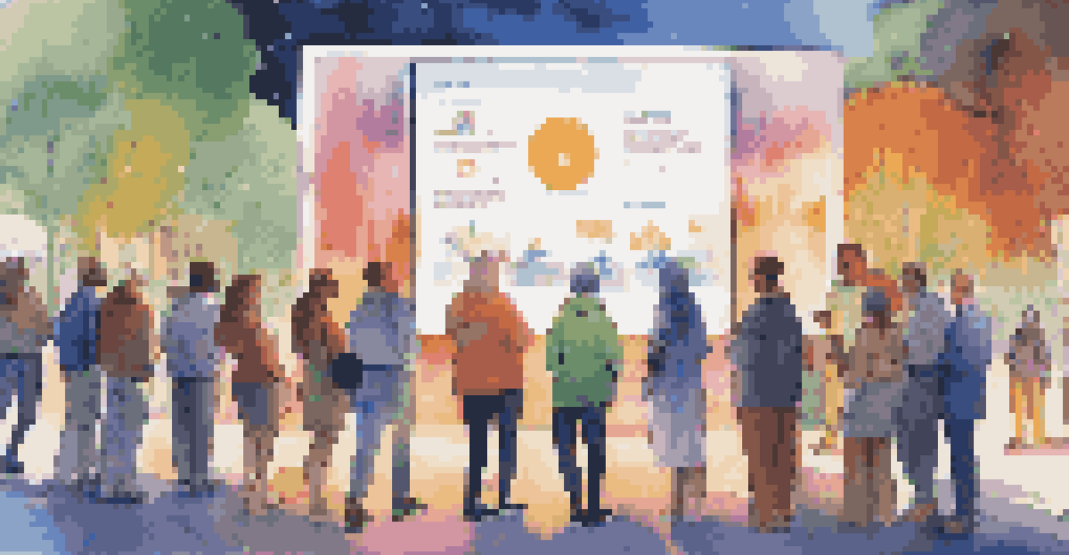 A diverse group of individuals gathered around an interactive digital display illustrating blockchain technology, set in an outdoor environment.