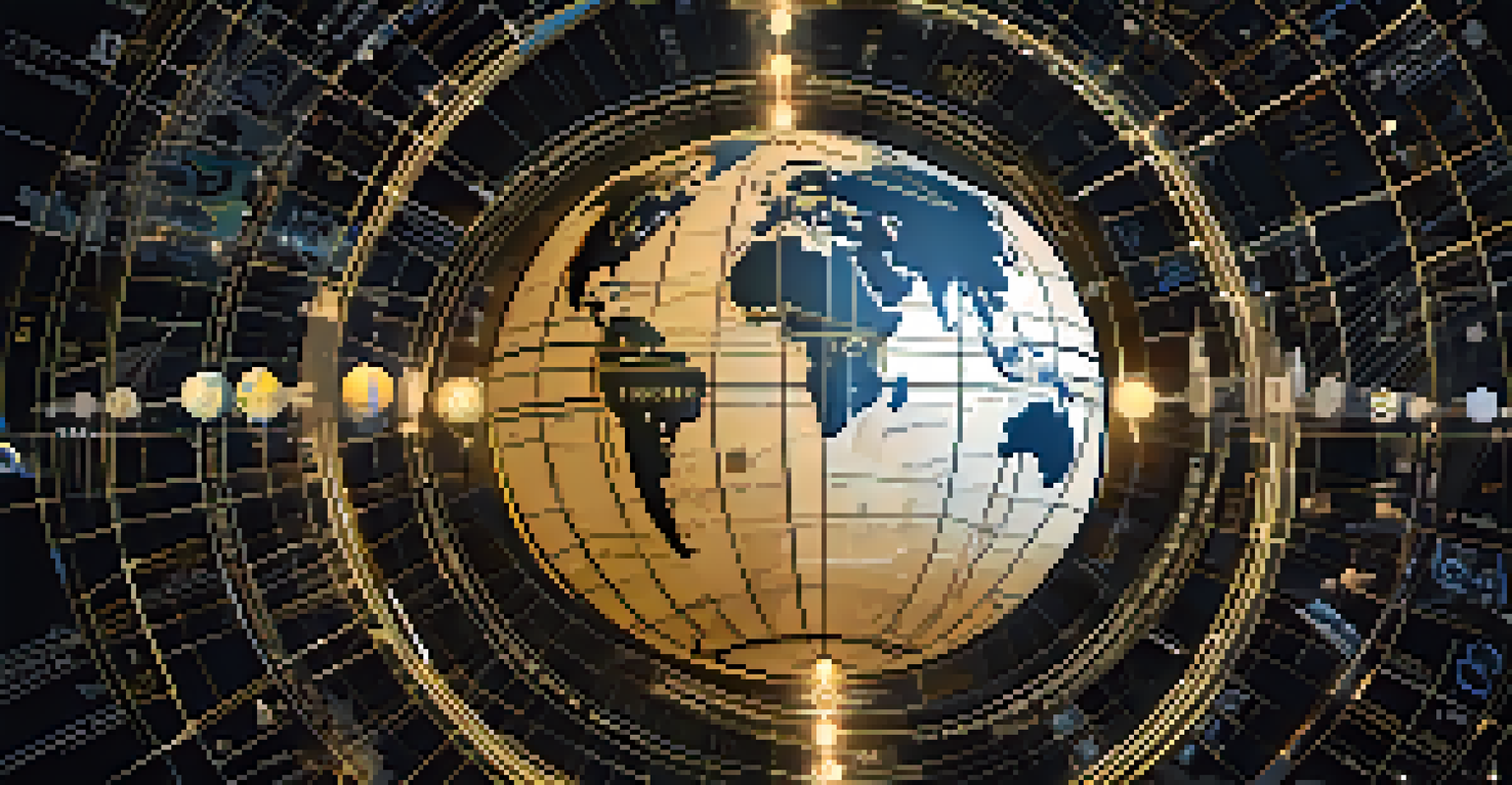 A close-up of a globe with highlighted trade routes and tariff symbols, surrounded by currency and product icons.