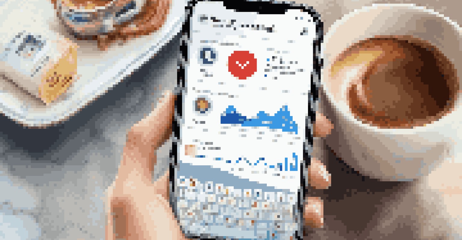 A close-up of a smartphone showing a social media marketing campaign with vibrant visuals and metrics, accompanied by marketing materials and a coffee cup.
