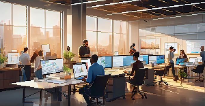 A diverse team of professionals collaborating in a bright, modern workspace filled with technology and creative tools.