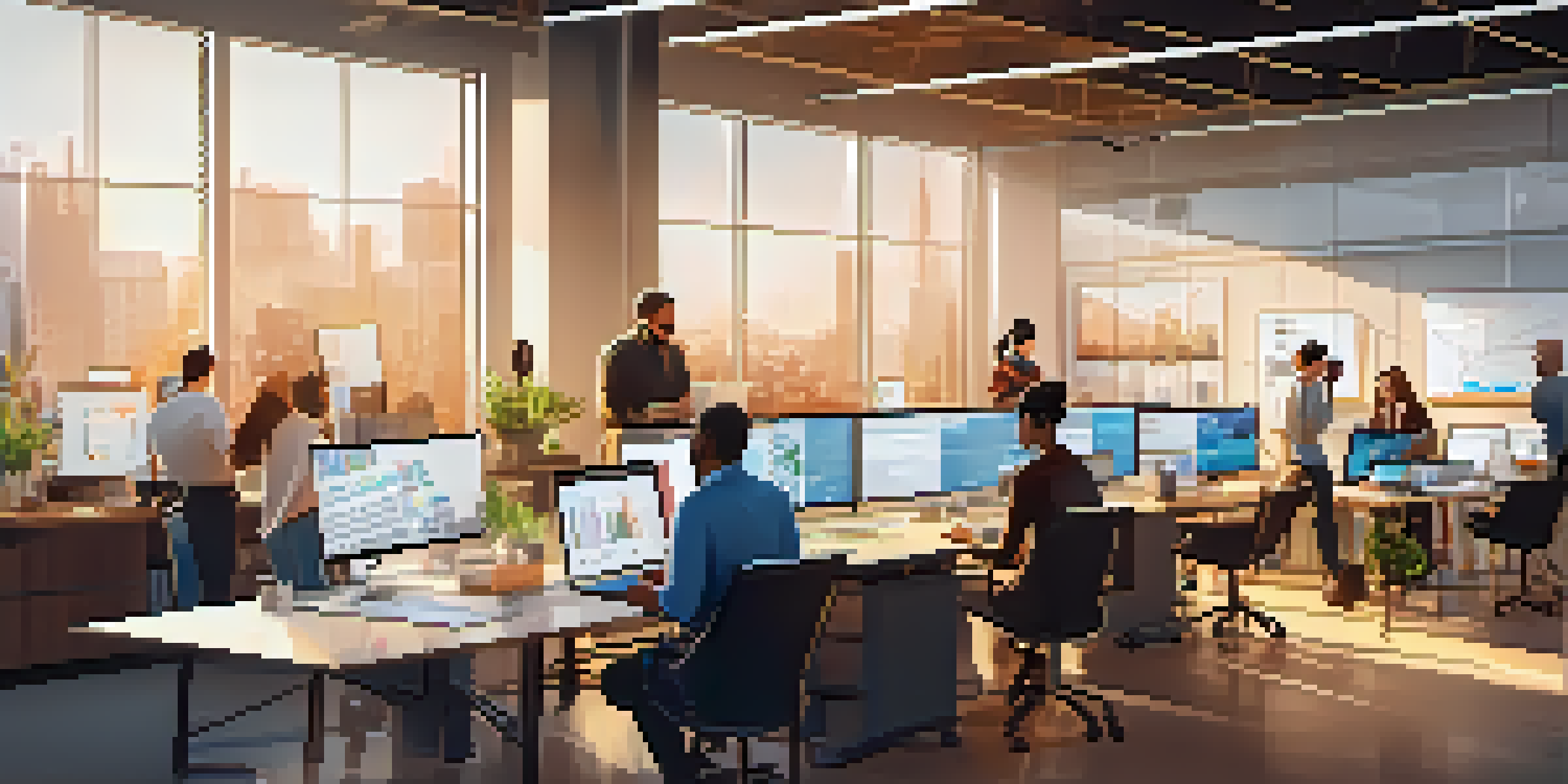 A diverse team of professionals collaborating in a bright, modern workspace filled with technology and creative tools.