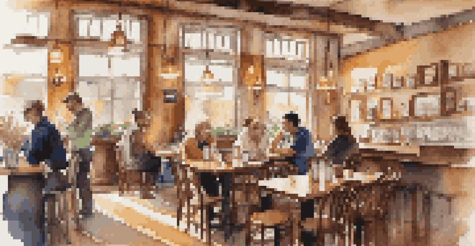 A warm coffee shop with customers discussing menu items with a barista, surrounded by cozy decor.