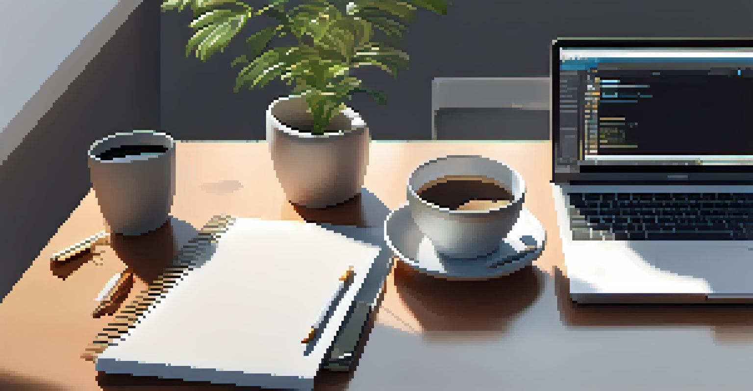 A minimalist workspace with a laptop showing a cloud-based financial management platform, accompanied by a cup of coffee and a potted plant, bathed in soft sunlight.