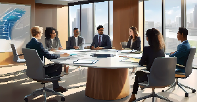A diverse group of professionals in a bright boardroom discussing ideas around a circular table.