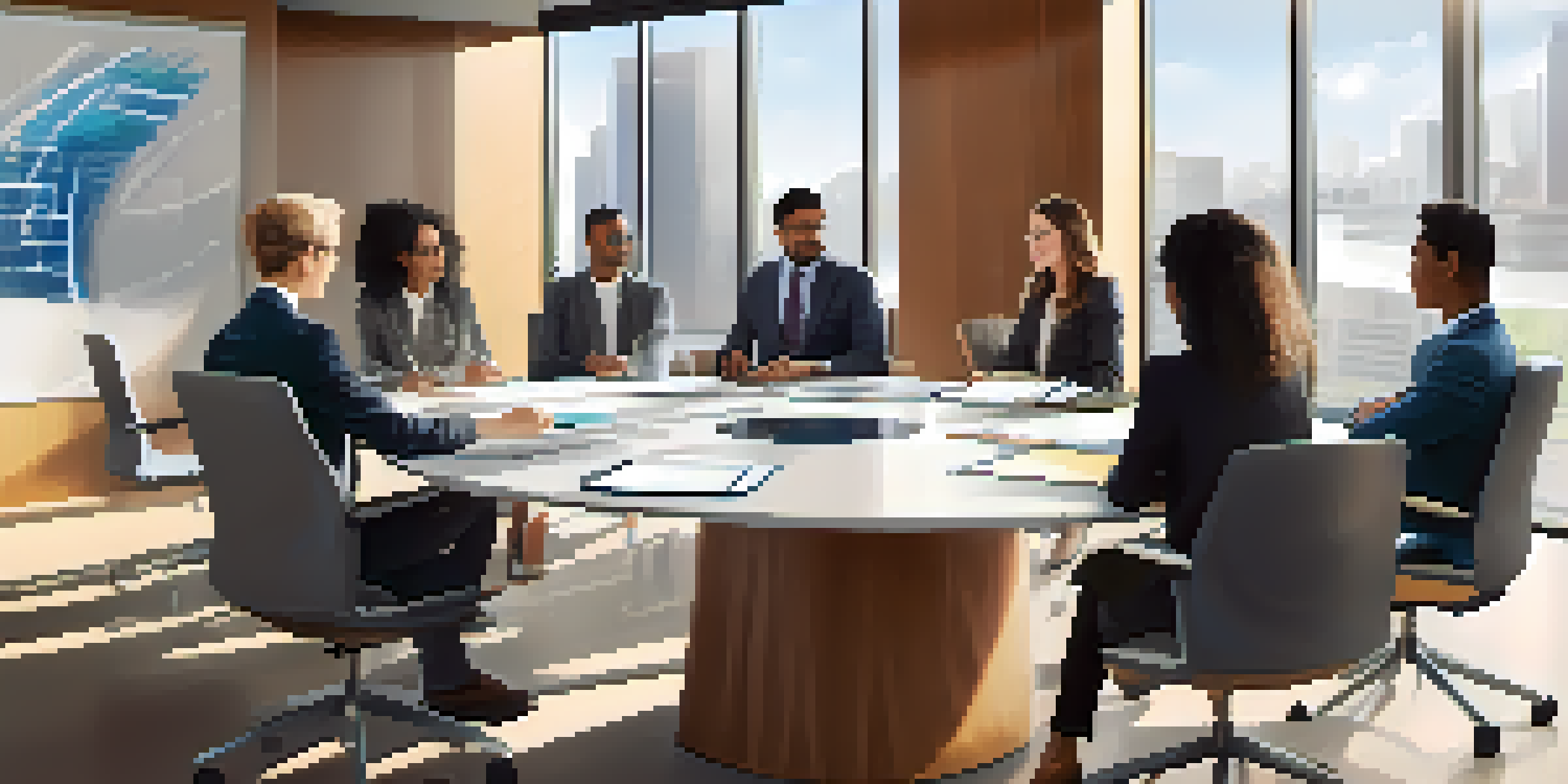 A diverse group of professionals in a bright boardroom discussing ideas around a circular table.
