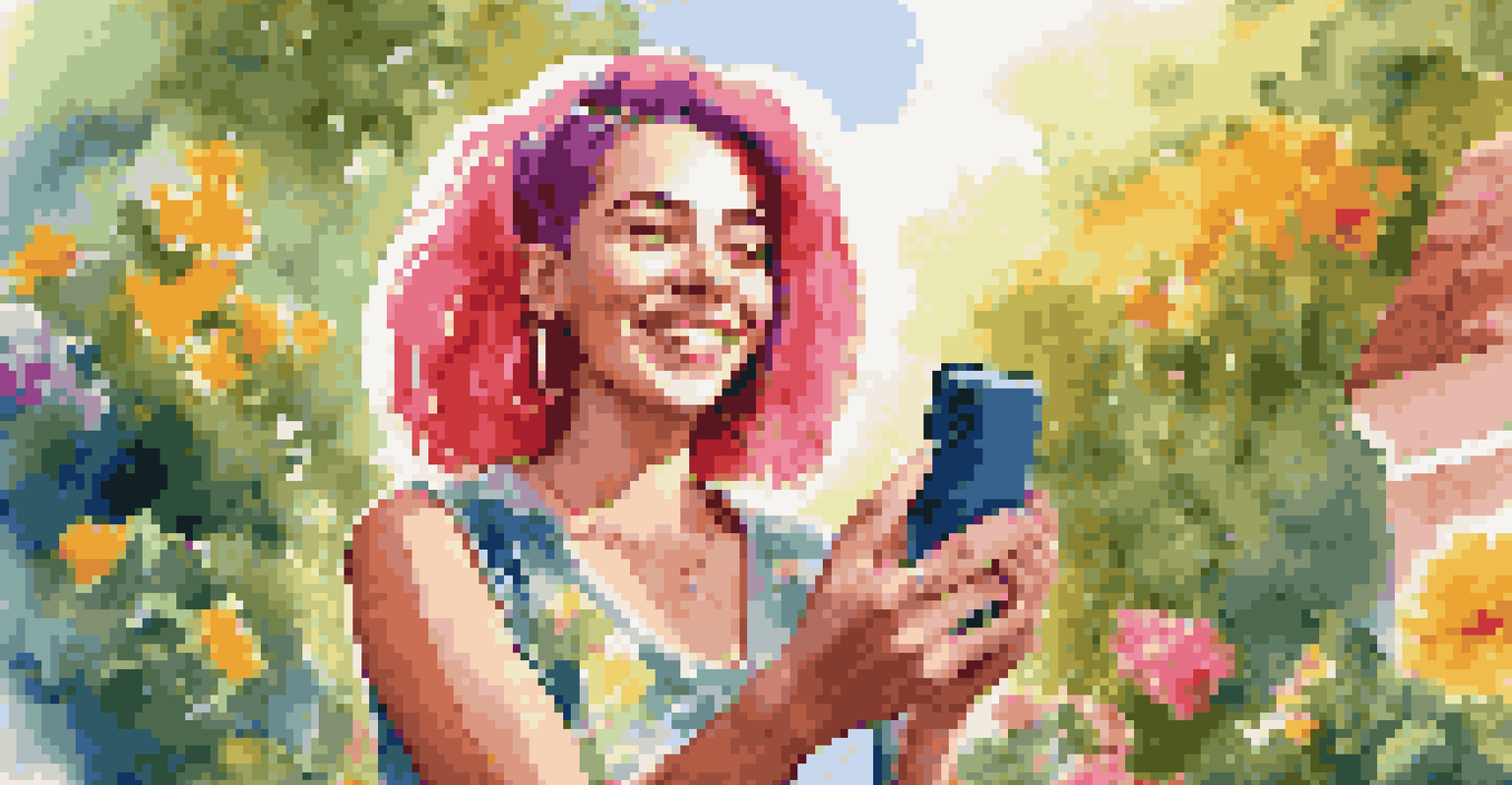 An influencer with colorful hair engaging with their audience outdoors, surrounded by greenery and flowers, smiling brightly.