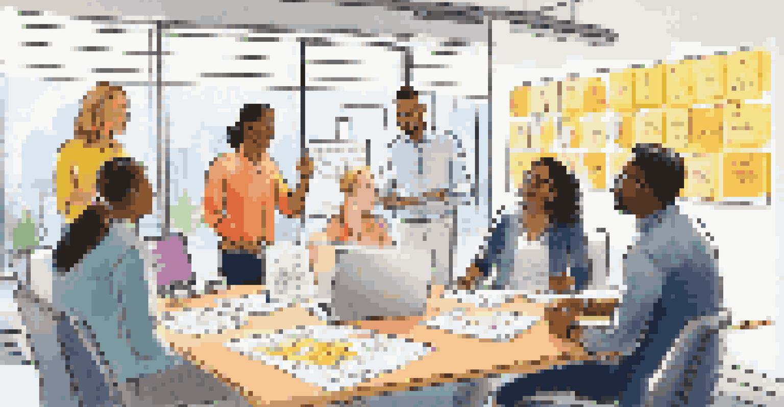 A diverse team brainstorming ideas in a bright meeting room, with a whiteboard filled with post-it notes and diagrams.