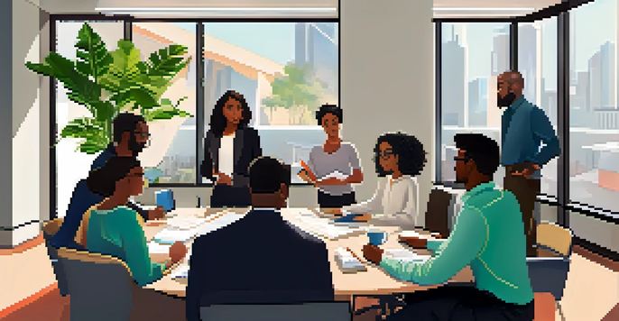 A diverse team collaborating in a modern office, with a Black woman presenting and a vibrant city view outside.