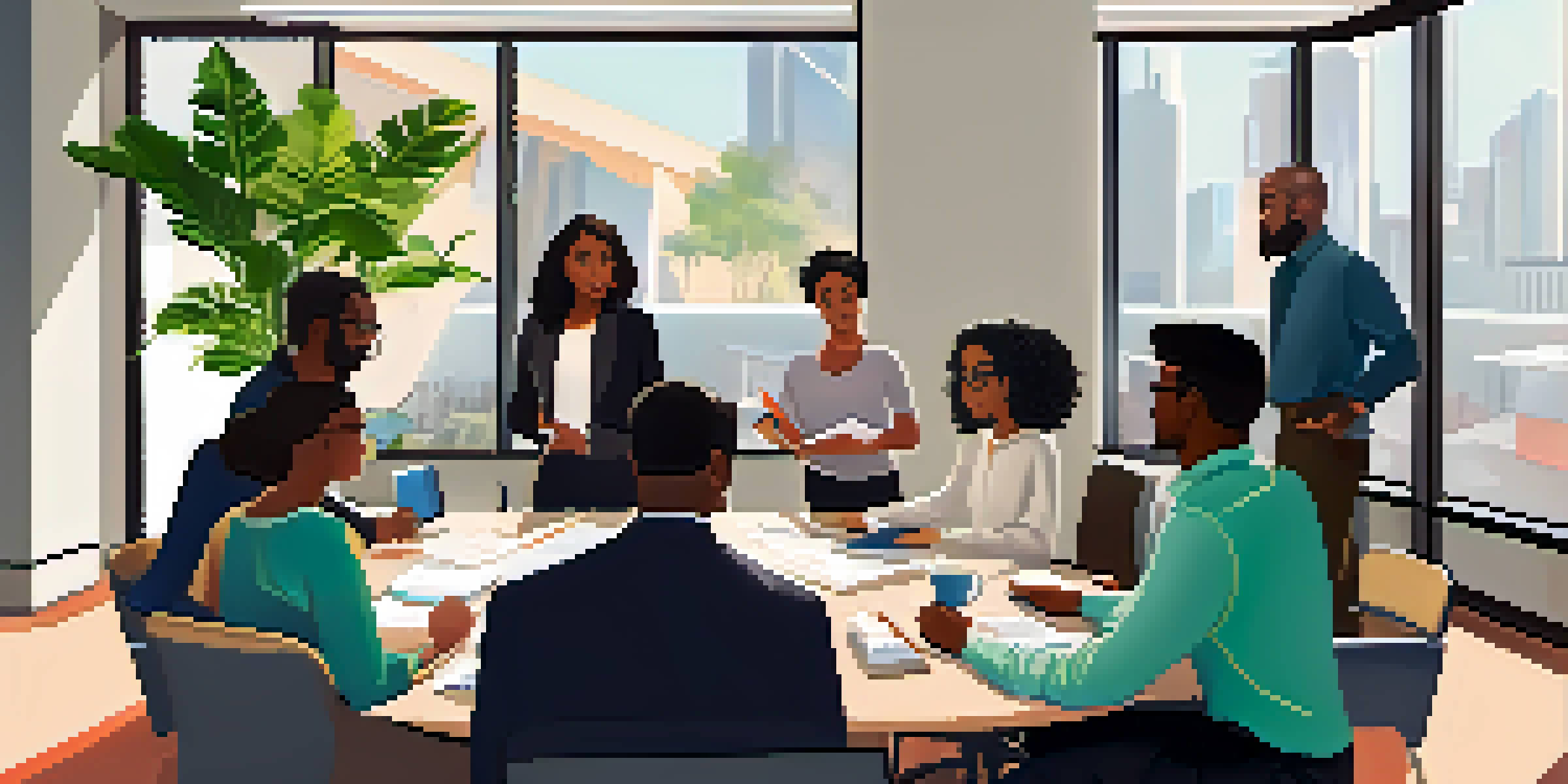 A diverse team collaborating in a modern office, with a Black woman presenting and a vibrant city view outside.