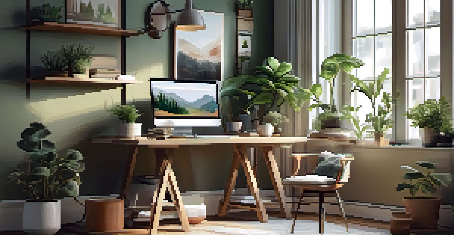 A stylish workspace with a laptop, plants, and coffee by a bright window, showcasing a warm and inviting atmosphere.