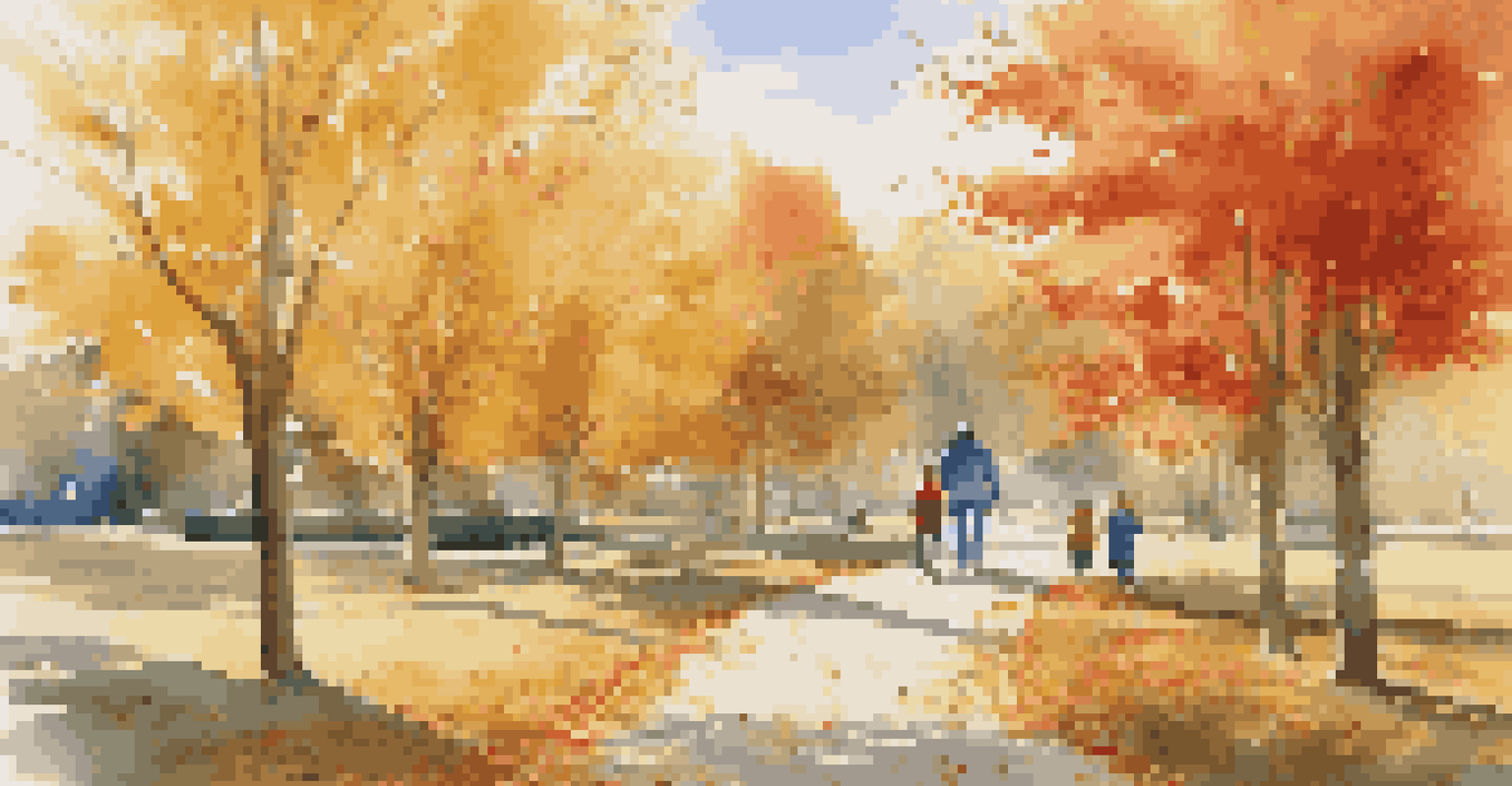 A picturesque autumn park with colorful leaves, families walking, and children playing.