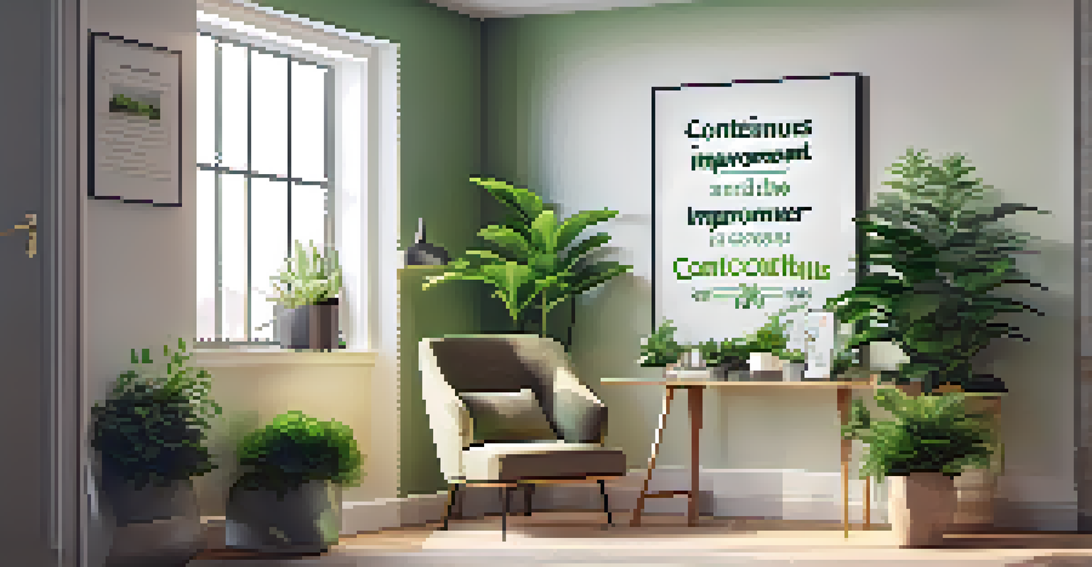 A calming office corner featuring a motivational poster about continuous improvement, with plants and a cozy chair.