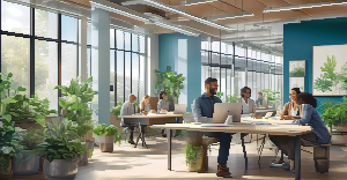 A bright and inviting office environment with employees collaborating at a table, surrounded by indoor plants and natural light.