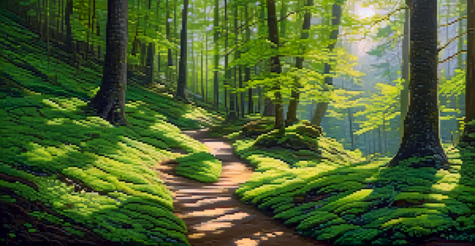 A peaceful forest with sunlight shining through the trees and a winding path covered in colorful flowers and moss.
